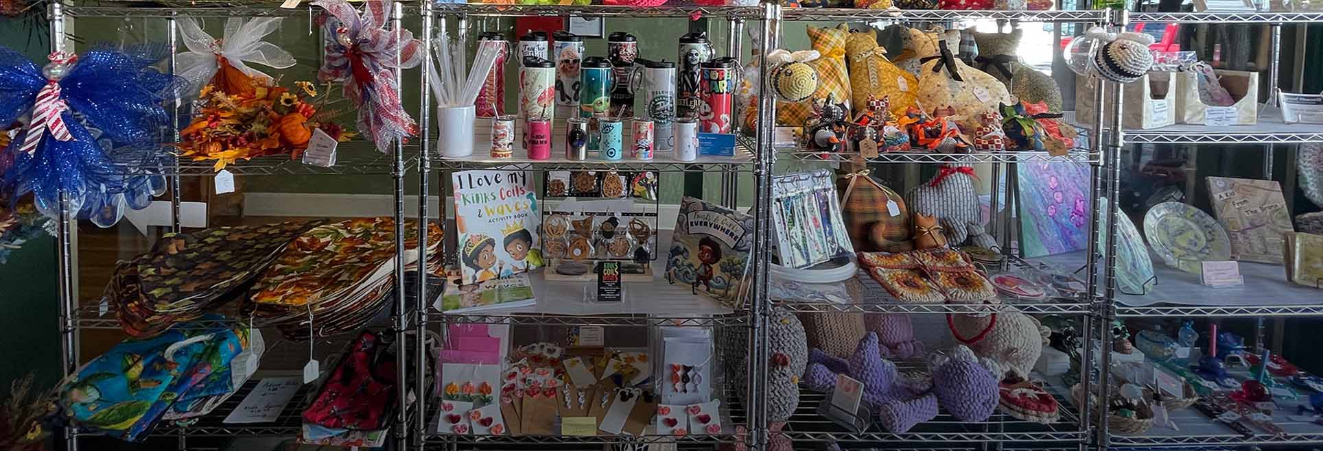 Shelves with colorful art products on display